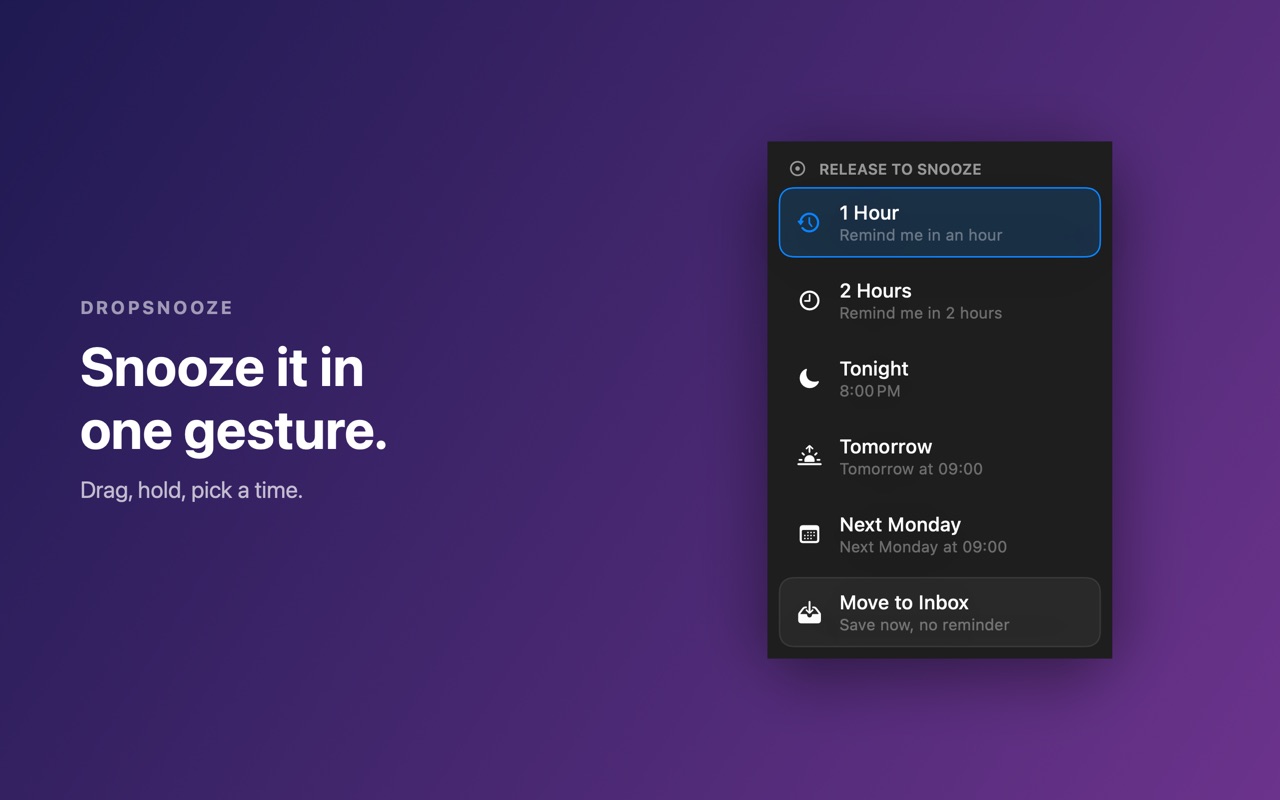 Dragging a file onto the DropSnooze menu-bar icon opens a wheel of snooze times